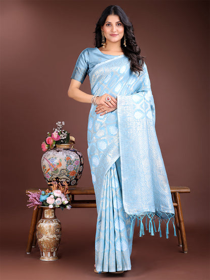 Monjolika Fashion Light Blue Cotton Silk Blend Woven Saree with Zari Work