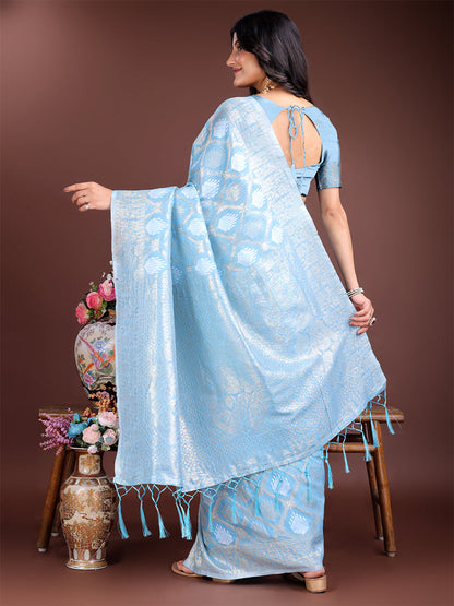 Monjolika Fashion Light Blue Cotton Silk Blend Woven Saree with Zari Work