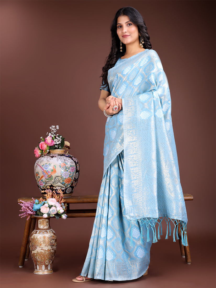 Monjolika Fashion Light Blue Cotton Silk Blend Woven Saree with Zari Work
