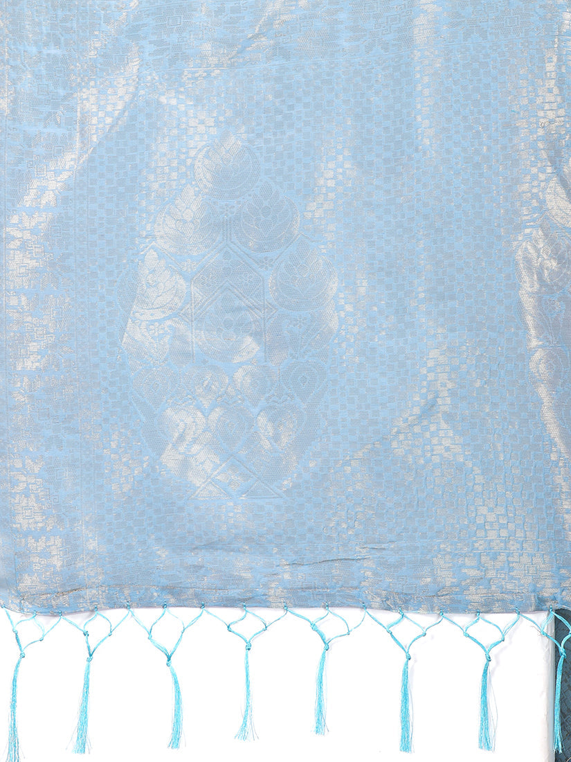 Monjolika Fashion Light Blue Cotton Silk Blend Woven Saree with Zari Work
