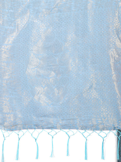 Monjolika Fashion Light Blue Cotton Silk Blend Woven Saree with Zari Work