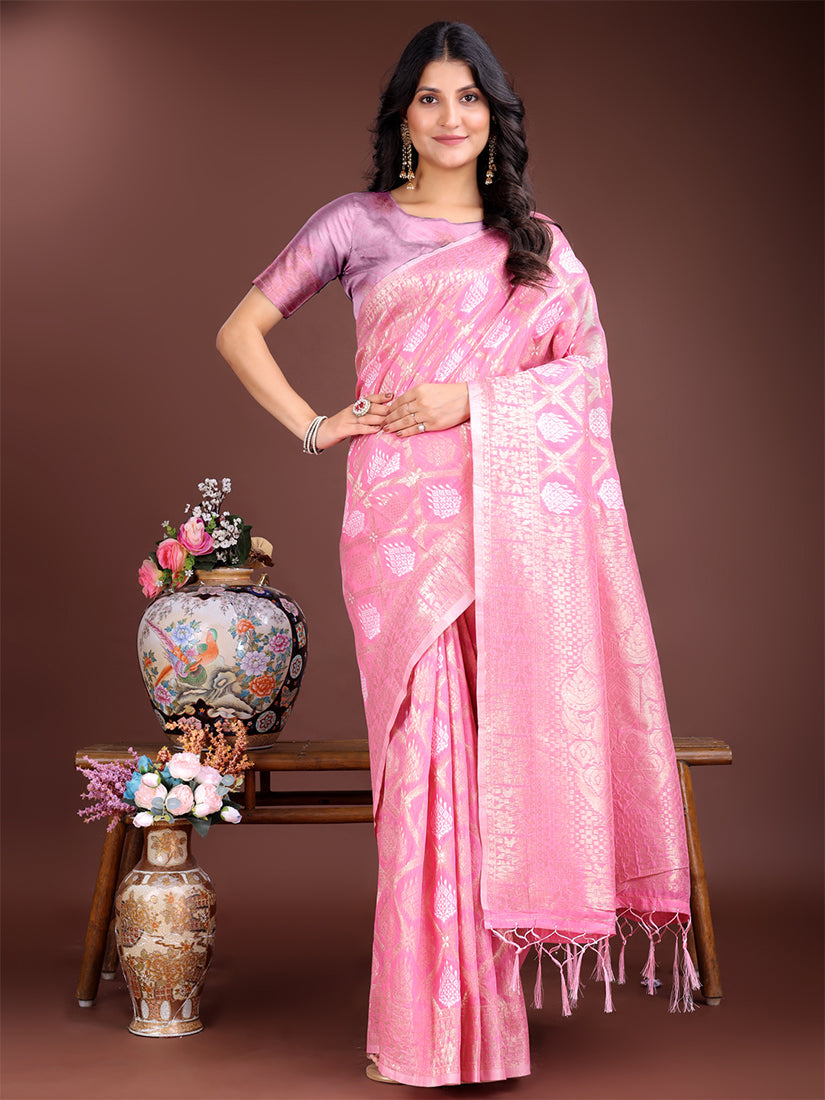 Monjolika Fashion Pink Cotton Silk Blend Woven Saree with Zari Work