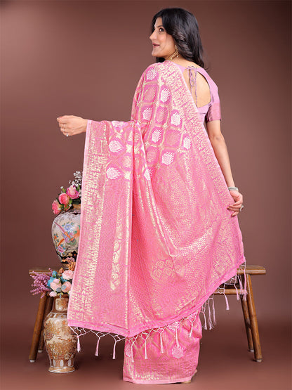 Monjolika Fashion Pink Cotton Silk Blend Woven Saree with Zari Work