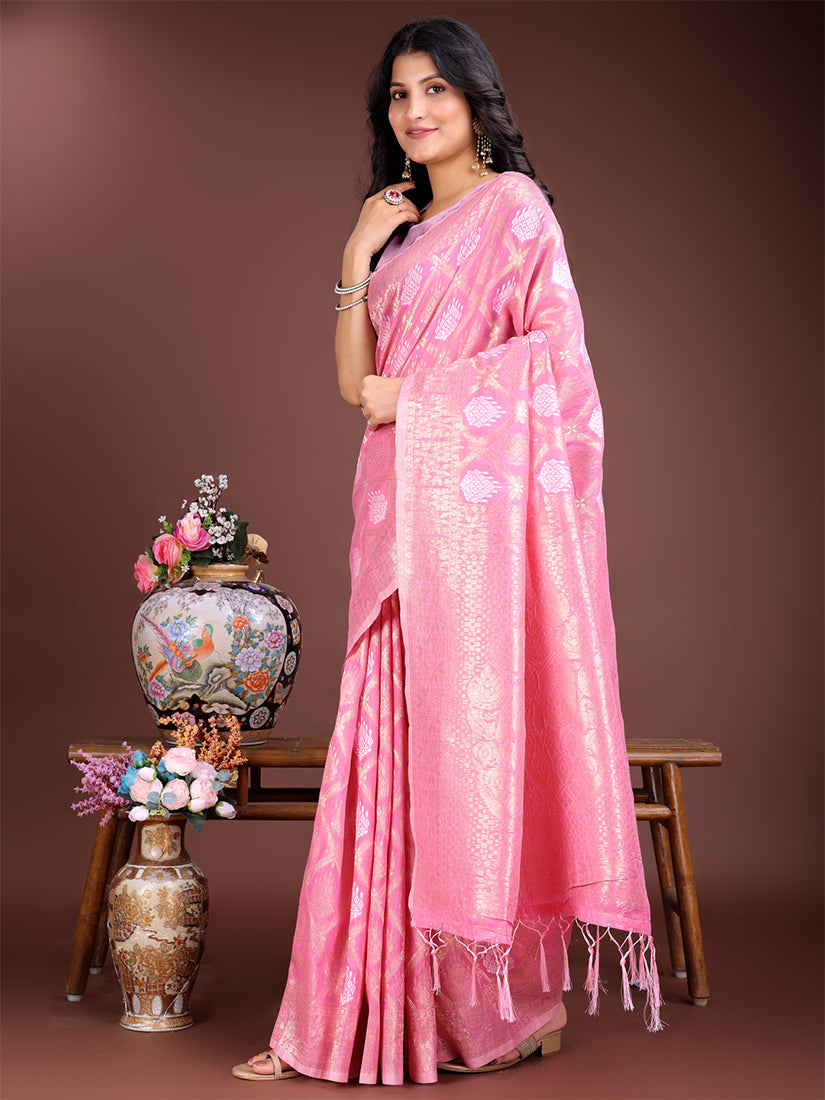 Monjolika Fashion Pink Cotton Silk Blend Woven Saree with Zari Work