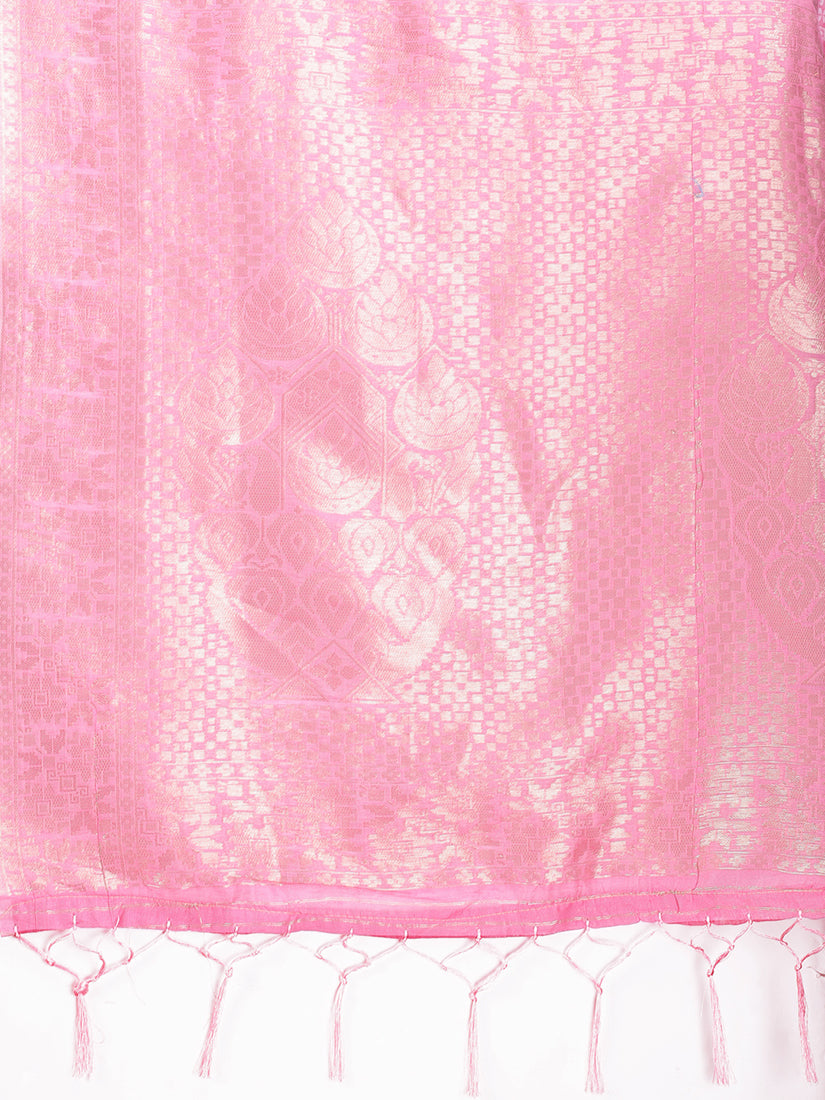Monjolika Fashion Pink Cotton Silk Blend Woven Saree with Zari Work