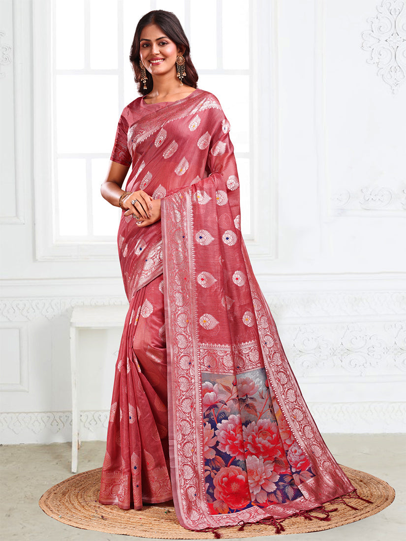 Monjolika Fashion Dusty Rose Pink Woven Linen Silk Blend Saree with Floral Print Pallu