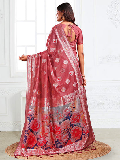 Monjolika Fashion Dusty Rose Pink Woven Linen Silk Blend Saree with Floral Print Pallu