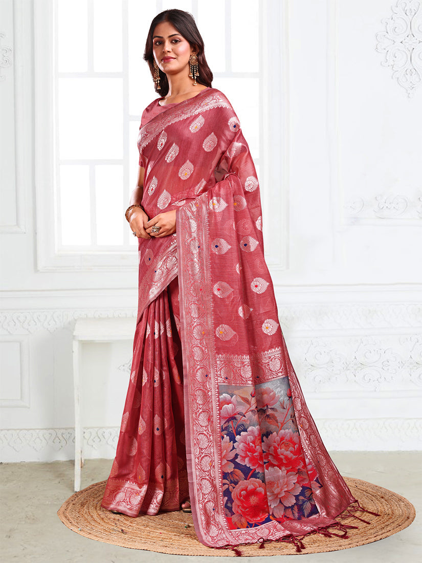 Monjolika Fashion Dusty Rose Pink Woven Linen Silk Blend Saree with Floral Print Pallu