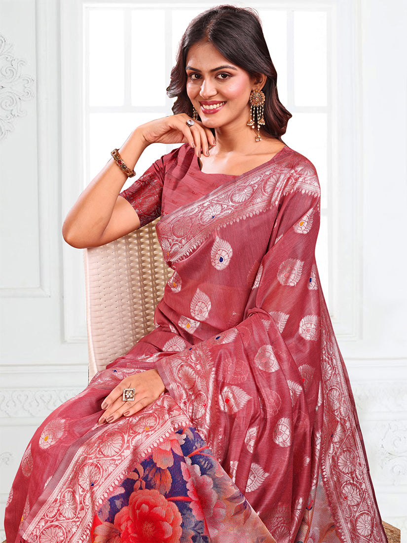 Monjolika Fashion Dusty Rose Pink Woven Linen Silk Blend Saree with Floral Print Pallu