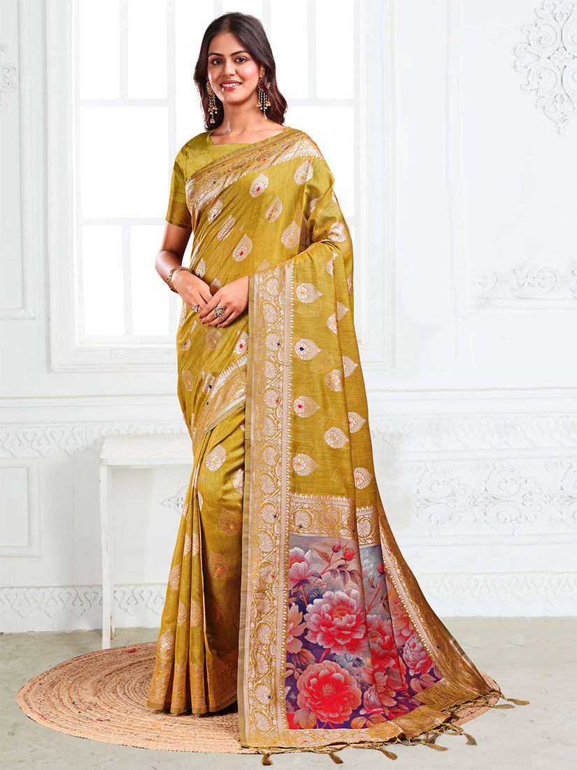 Monjolika Fashion Mustard Woven Linen Silk Blend Saree with Floral Print Pallu