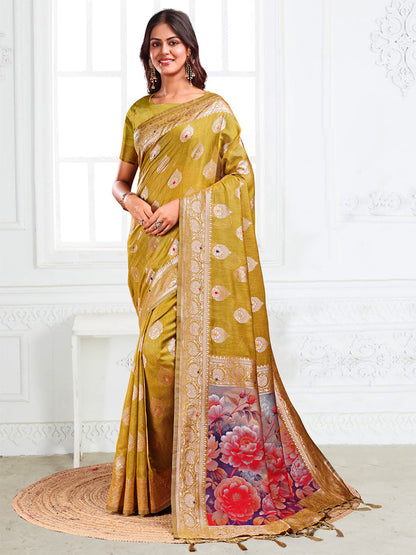 Monjolika Fashion Mustard Woven Linen Silk Blend Saree with Floral Print Pallu