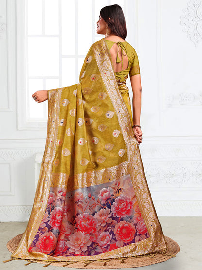 Monjolika Fashion Mustard Woven Linen Silk Blend Saree with Floral Print Pallu