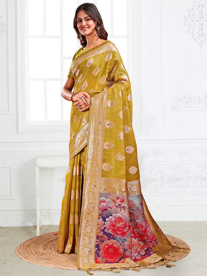 Monjolika Fashion Mustard Woven Linen Silk Blend Saree with Floral Print Pallu