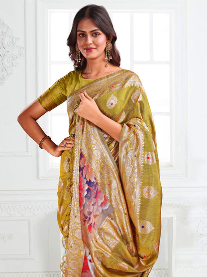Monjolika Fashion Mustard Woven Linen Silk Blend Saree with Floral Print Pallu