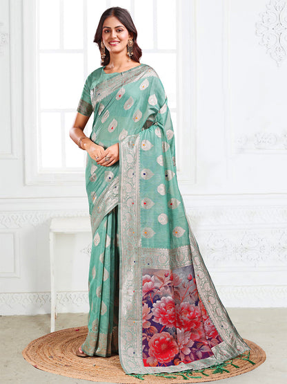 Monjolika Fashion Sea Green Woven Linen Silk Blend Saree with Floral Print Pallu