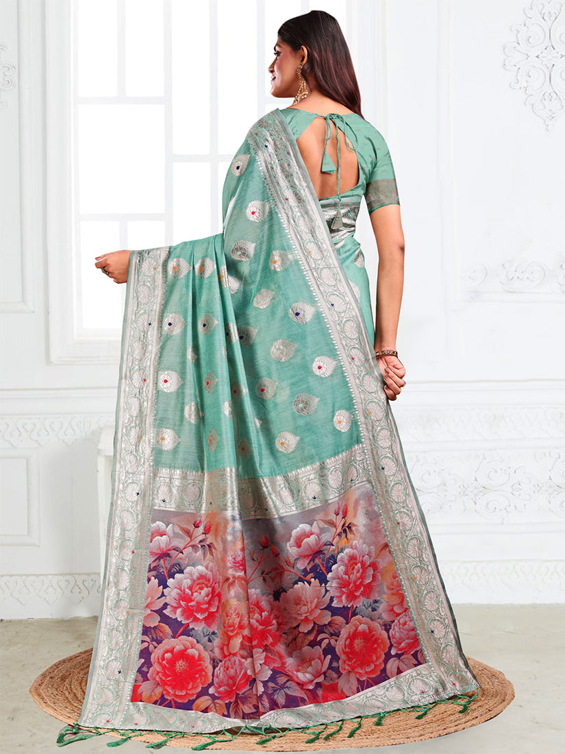Monjolika Fashion Sea Green Woven Linen Silk Blend Saree with Floral Print Pallu