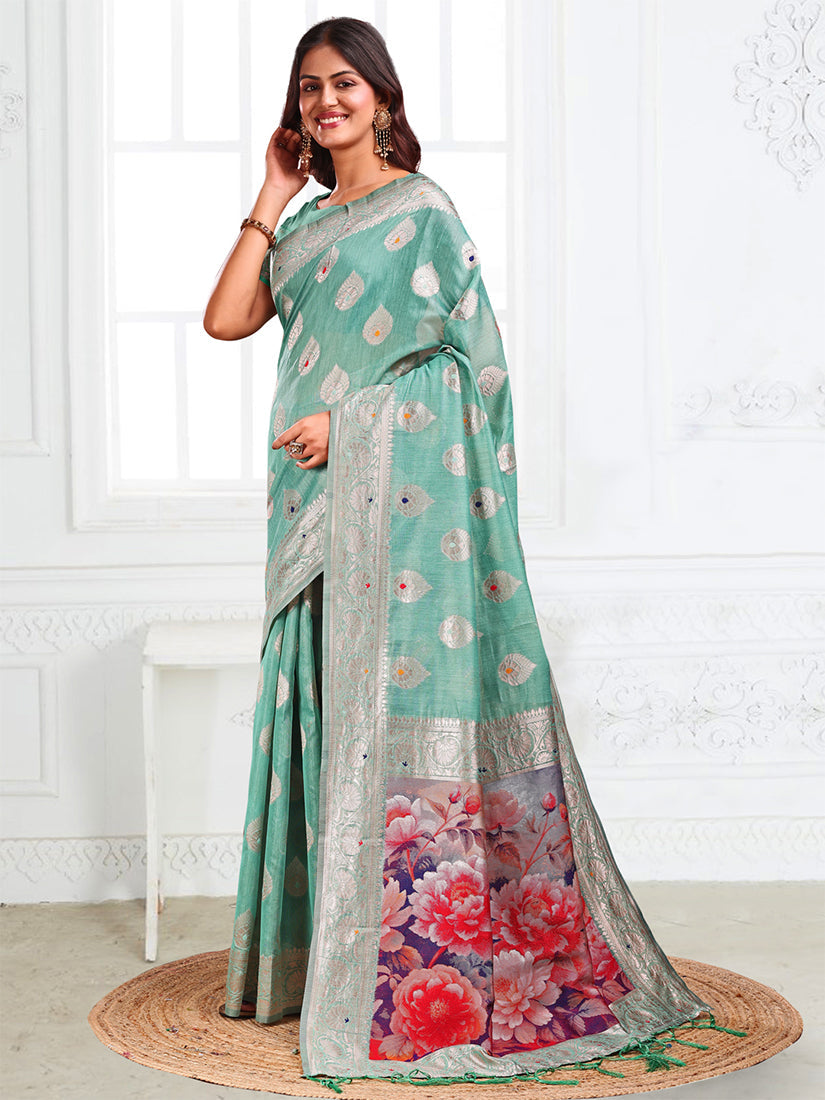 Monjolika Fashion Sea Green Woven Linen Silk Blend Saree with Floral Print Pallu
