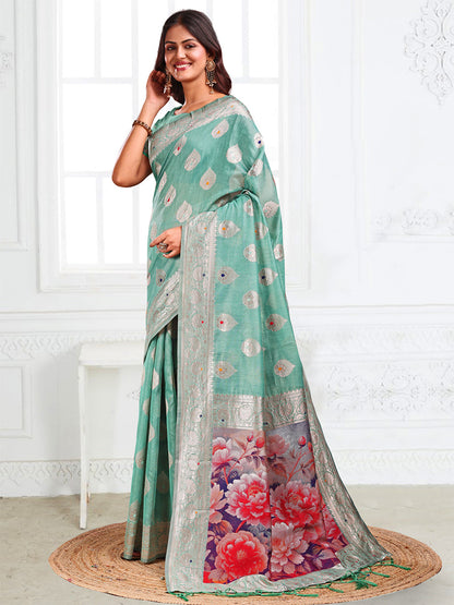 Monjolika Fashion Sea Green Woven Linen Silk Blend Saree with Floral Print Pallu