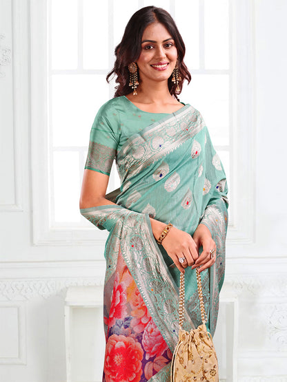 Monjolika Fashion Sea Green Woven Linen Silk Blend Saree with Floral Print Pallu