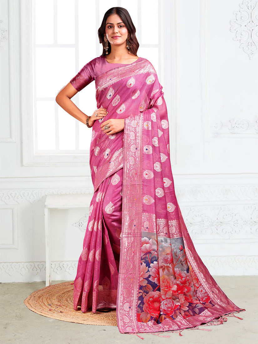 Monjolika Fashion Onion Pink Woven Linen Silk Blend Saree with Floral Print Pallu