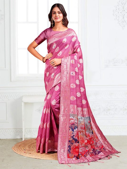 Monjolika Fashion Onion Pink Woven Linen Silk Blend Saree with Floral Print Pallu