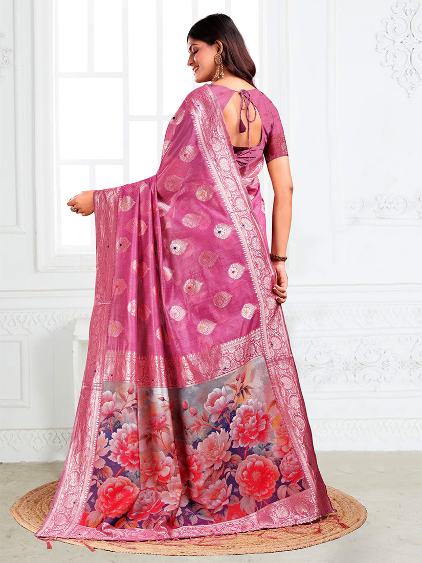 Monjolika Fashion Onion Pink Woven Linen Silk Blend Saree with Floral Print Pallu