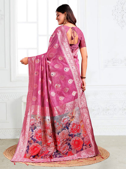 Monjolika Fashion Onion Pink Woven Linen Silk Blend Saree with Floral Print Pallu