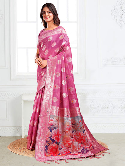 Monjolika Fashion Onion Pink Woven Linen Silk Blend Saree with Floral Print Pallu