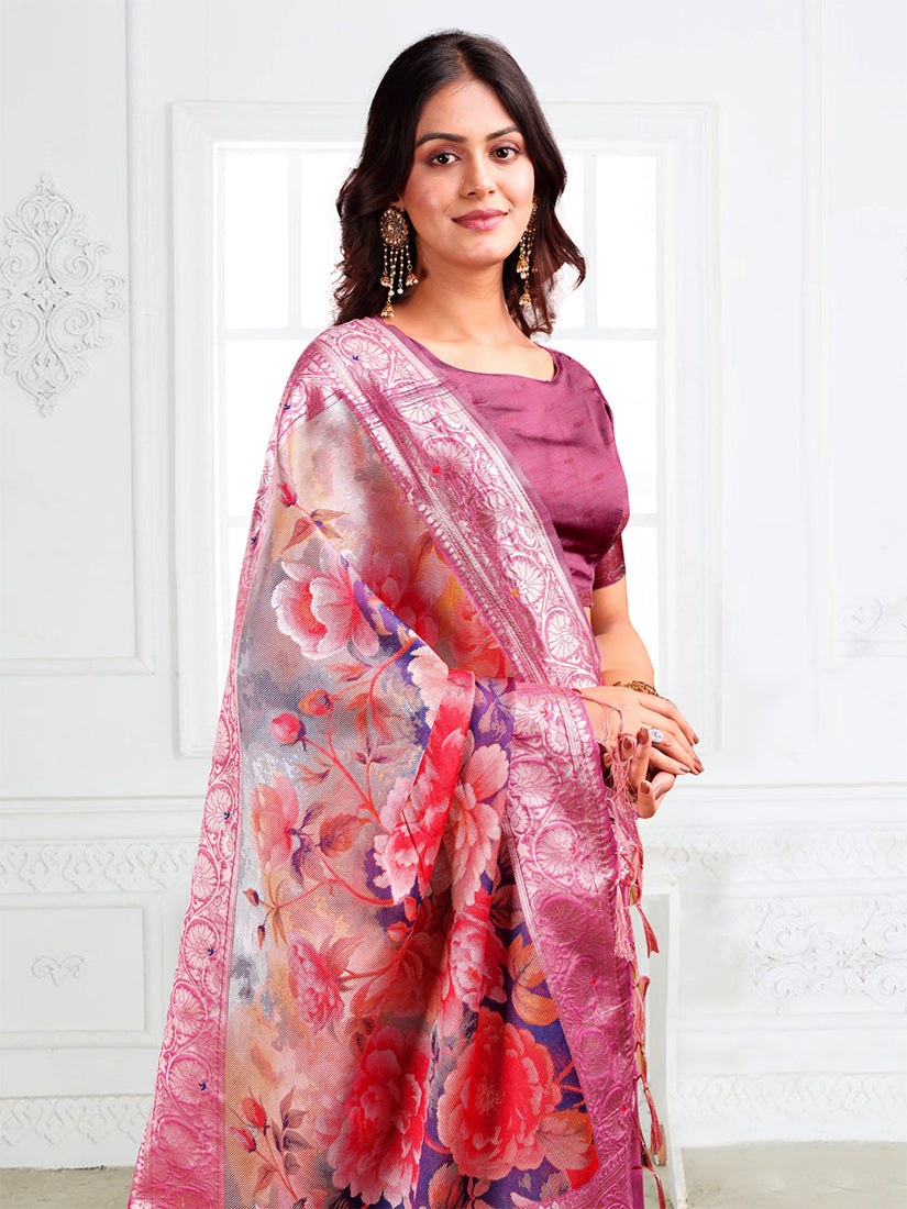 Monjolika Fashion Onion Pink Woven Linen Silk Blend Saree with Floral Print Pallu