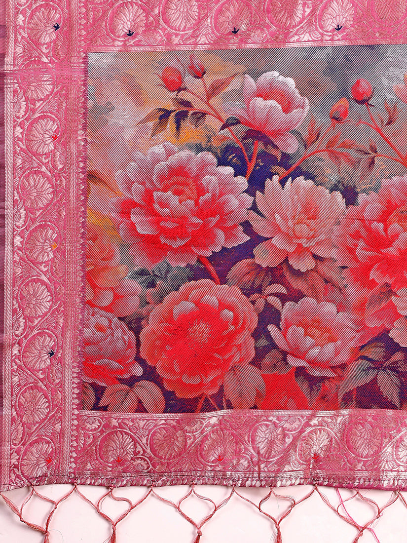 Monjolika Fashion Onion Pink Woven Linen Silk Blend Saree with Floral Print Pallu