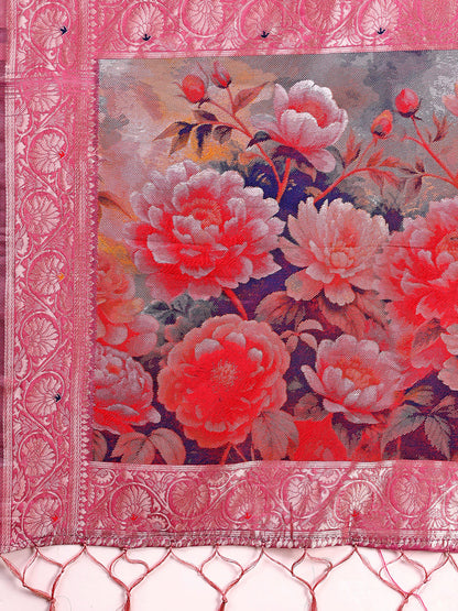Monjolika Fashion Onion Pink Woven Linen Silk Blend Saree with Floral Print Pallu