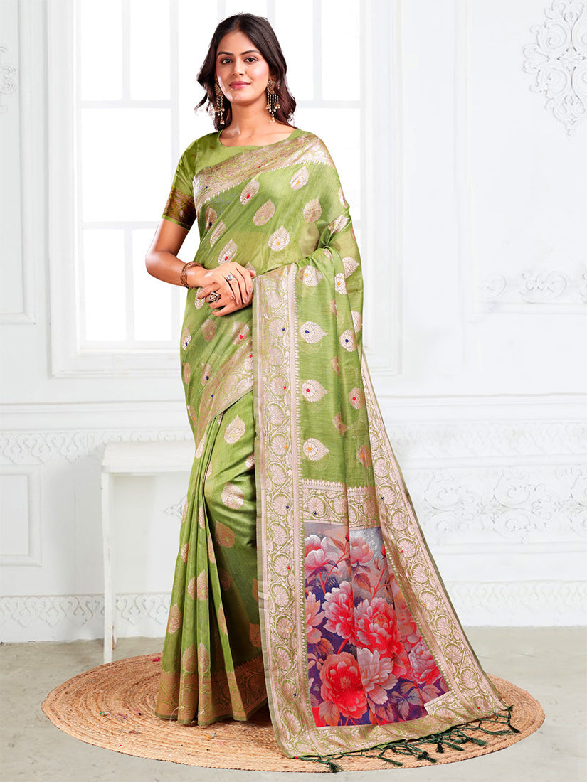 Monjolika Fashion Light Green Woven Linen Silk Blend Saree with Floral Print Pallu