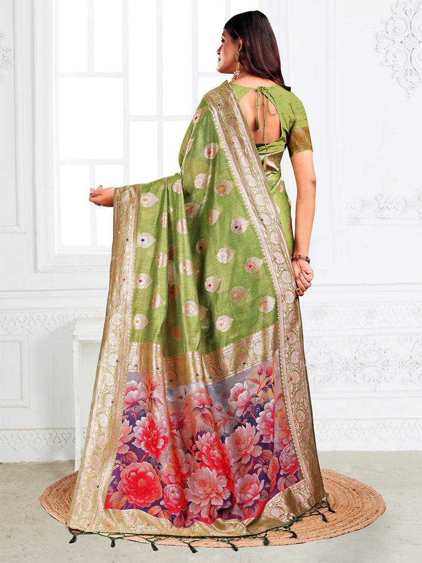 Monjolika Fashion Light Green Woven Linen Silk Blend Saree with Floral Print Pallu