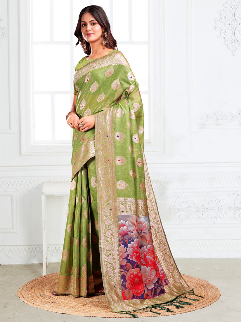 Monjolika Fashion Light Green Woven Linen Silk Blend Saree with Floral Print Pallu