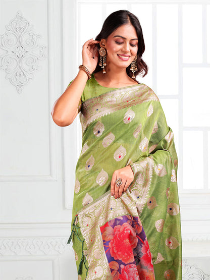 Monjolika Fashion Light Green Woven Linen Silk Blend Saree with Floral Print Pallu