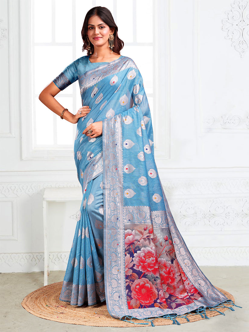 Monjolika Fashion Light Blue Woven Linen Silk Blend Saree with Floral Print Pallu