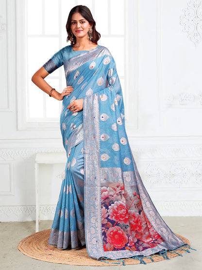Monjolika Fashion Light Blue Woven Linen Silk Blend Saree with Floral Print Pallu