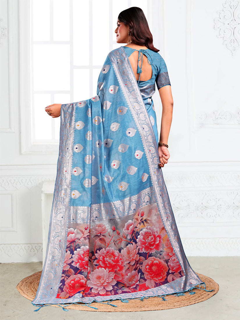 Monjolika Fashion Light Blue Woven Linen Silk Blend Saree with Floral Print Pallu