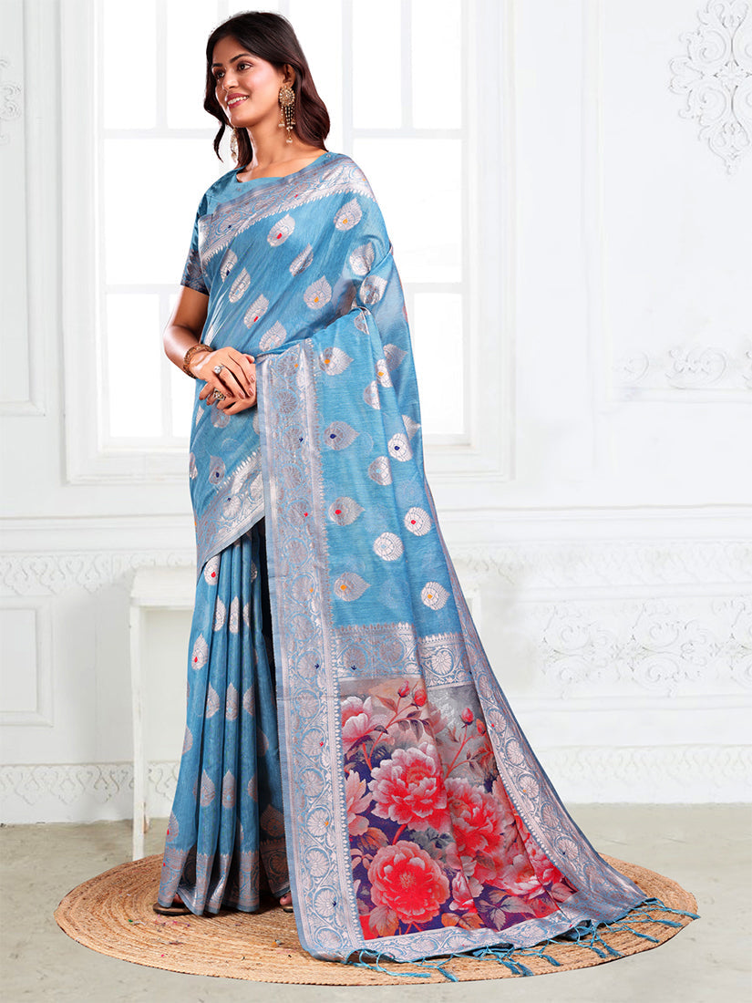 Monjolika Fashion Light Blue Woven Linen Silk Blend Saree with Floral Print Pallu