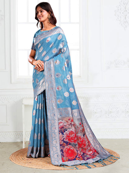 Monjolika Fashion Light Blue Woven Linen Silk Blend Saree with Floral Print Pallu