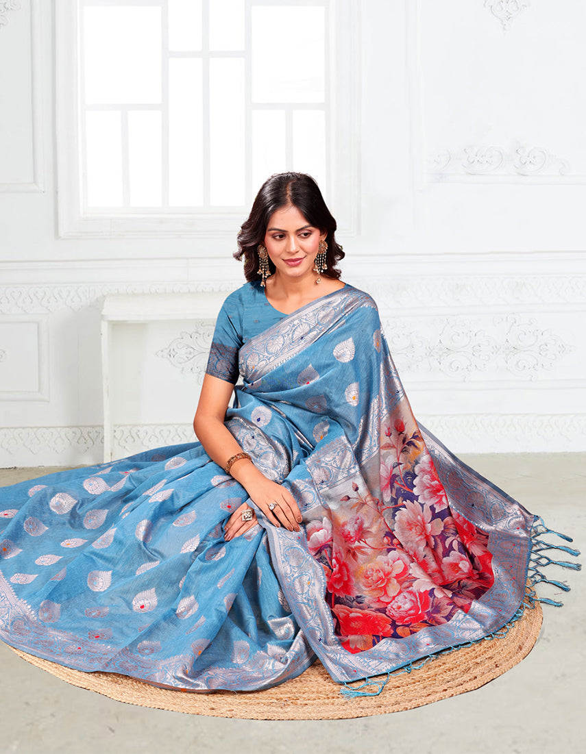 Monjolika Fashion Light Blue Woven Linen Silk Blend Saree with Floral Print Pallu