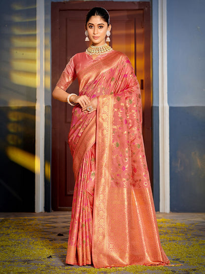 Monjolika Fashion Pink Banarasi Silk Blend Saree with Rich Gold Zari Floral Weaving