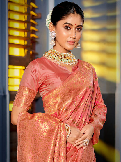 Monjolika Fashion Pink Banarasi Silk Blend Saree with Rich Gold Zari Floral Weaving