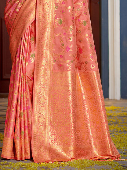 Monjolika Fashion Pink Banarasi Silk Blend Saree with Rich Gold Zari Floral Weaving
