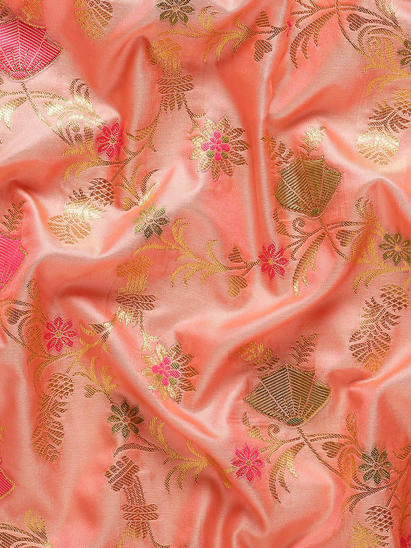 Monjolika Fashion Pink Banarasi Silk Blend Saree with Rich Gold Zari Floral Weaving