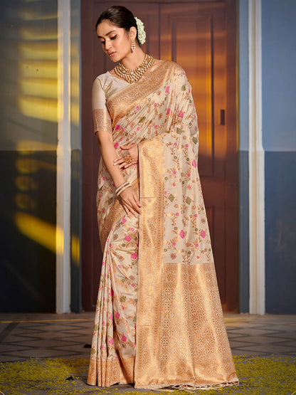 Monjolika Fashion Cream Banarasi Silk Blend Saree with Rich Gold Zari Floral Weaving