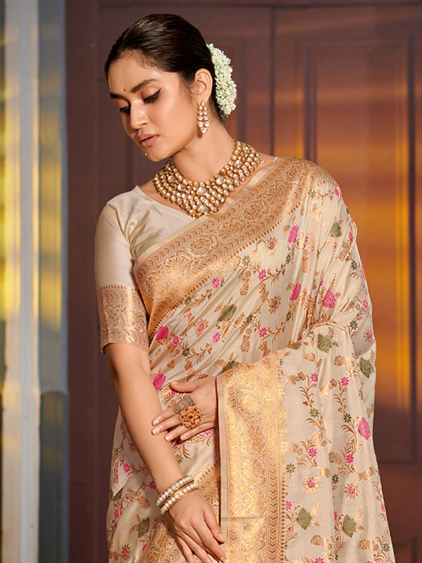 Monjolika Fashion Cream Banarasi Silk Blend Saree with Rich Gold Zari Floral Weaving