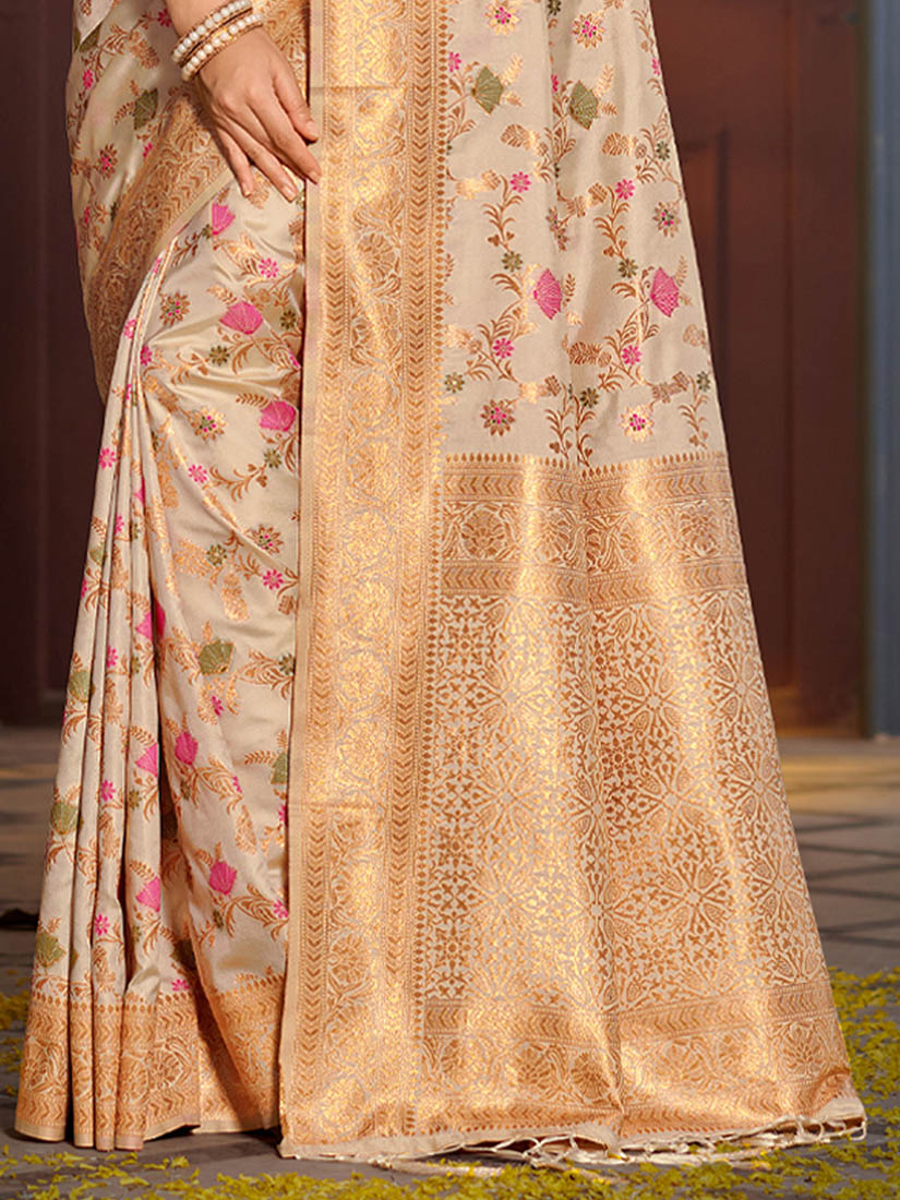 Monjolika Fashion Cream Banarasi Silk Blend Saree with Rich Gold Zari Floral Weaving
