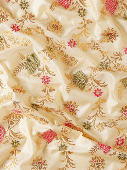 Monjolika Fashion Cream Banarasi Silk Blend Saree with Rich Gold Zari Floral Weaving