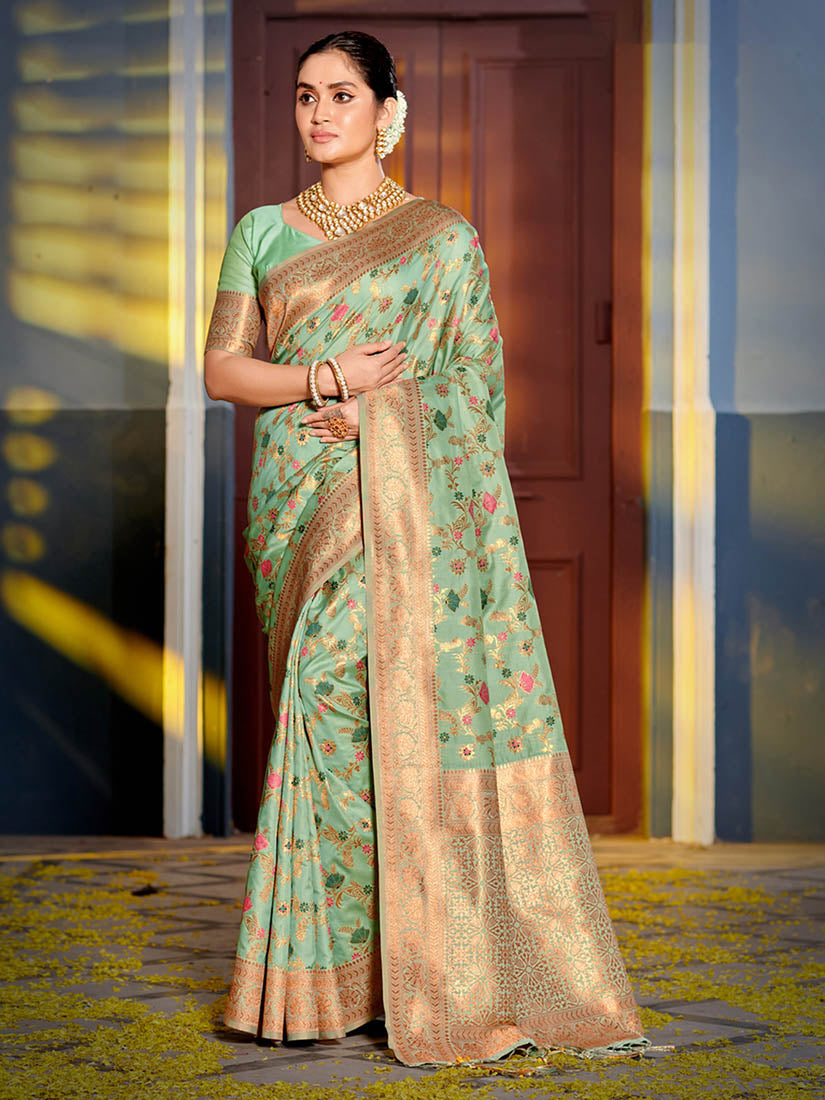 Monjolika Fashion Mint Green Banarasi Silk Blend Saree with Rich Gold Zari Floral Weaving
